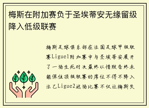 梅斯在附加赛负于圣埃蒂安无缘留级降入低级联赛 梅斯在附加赛负于圣埃蒂安无缘留级降入低级联赛