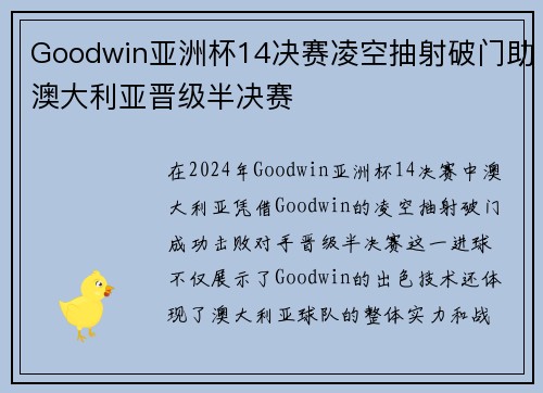 Goodwin亚洲杯14决赛凌空抽射破门助澳大利亚晋级半决赛